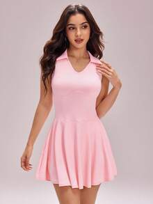 Sovereign Charm Women's Sleeveless Polo Collar Fitted Light Pink Tennis Dress,Summer Cute Golf Workout Clothes With Phone Pocket Shorts,Slim Fit Casual Sports Dress - Pink - View 6