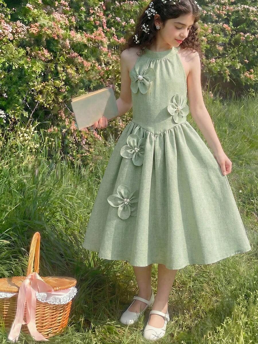 Elladie kids 灰藍色飾花無袖連身褲，寬鬆版型，適合年輕女孩休閒外出、輕便通勤、與朋友聚會、上學