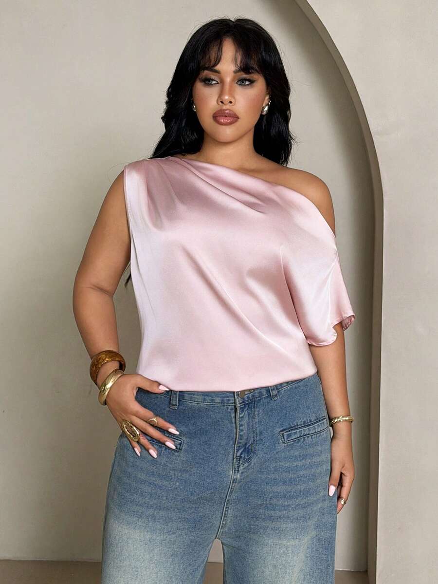 Rustia Summer Women Elegant Off-The-Shoulder Loose Blouse Top With Ruched Design, Going Out Tops - Pink - View 1