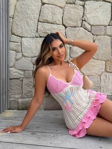 Maria Perezxox Women's Peach Starfish Decor Double Ruffle Hem Halter Knit Dress, Suitable For Holiday, Date, Afternoon Tea, Beach, Cruise, City Vacation, Wedding Season, Music Festival, Boho Vacation Crochet Dress Beach Dress - Pink - View 1