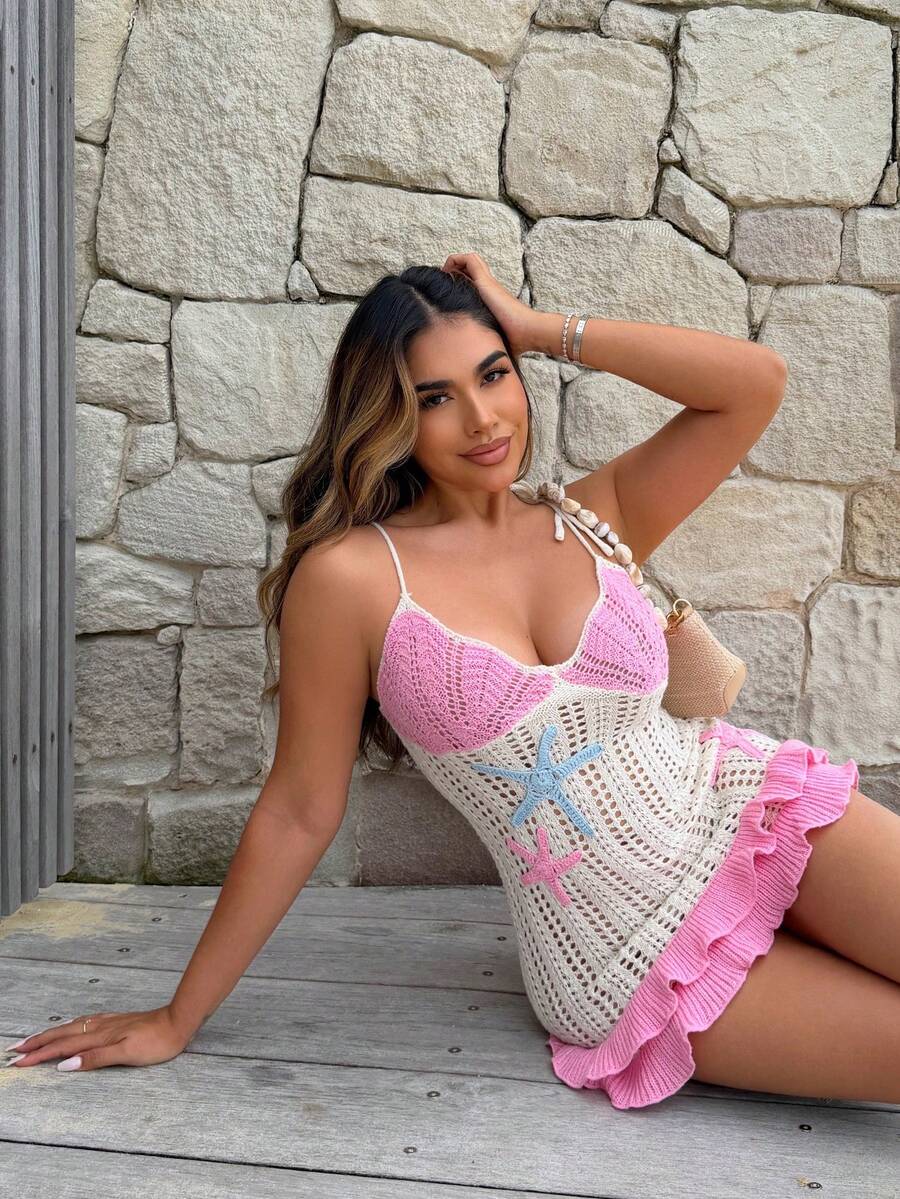 Maria Perezxox Women's Peach Starfish Decor Double Ruffle Hem Halter Knit Dress, Suitable For Holiday, Date, Afternoon Tea, Beach, Cruise, City Vacation, Wedding Season, Music Festival, Boho Vacation Crochet Dress Beach Dress - Pink - View 1