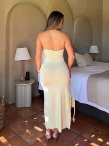 Maria Perezxox Spring/Summer Elegant Halter Vacation Orchid Decor High Slit Petite Women Long Dress - Yellow - View 2