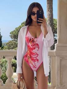 Bonvoyette Áo tắm liền thân nữ màu đỏ viền hoa, kiểu dáng cạp cao, lý tưởng cho kỳ nghỉ và đi biển. - Nhiều màu - Xem 10
