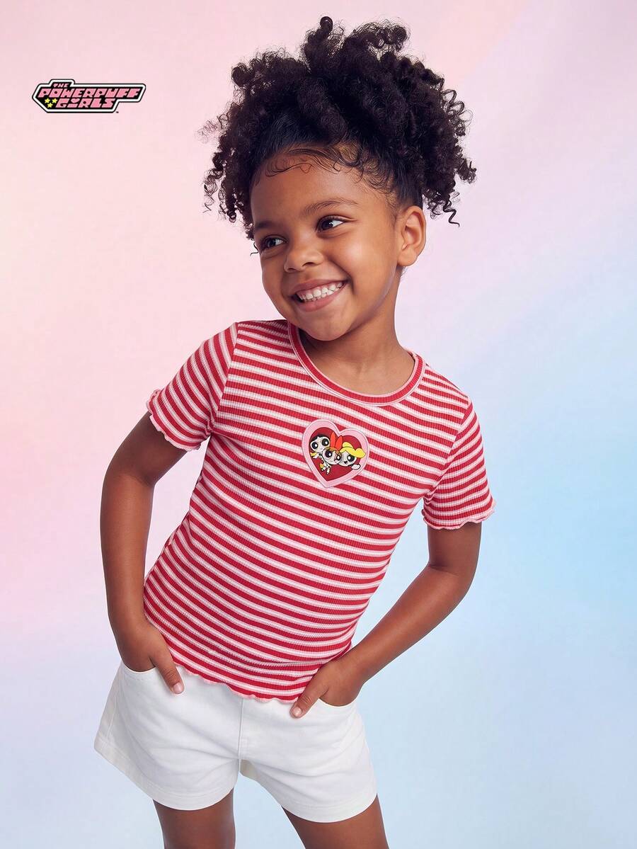 THE POWERPUFF GIRLS X SHEIN Maija Kids Áo thun ngắn tay cổ tròn tay ngắn viền bèo họa tiết hoạt hình dành cho bé gái tuổi teen - Hồng - Xem 1