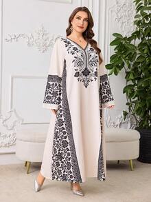 Al Najma Vestido árabe holgado con estampado floral elegante para mujer de talla grande, adecuado para bodas y fiestas - Albaricoque - Ver 5