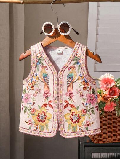 SHEIN X Scheana Áo kiểu nữ sinh dự tiệc với nơ phía trước, họa tiết hoa, thêu hoa tối giản, kiểu dáng boho bất đối xứng, cổ chữ V rộng rãi, chất liệu jacquard nhiều màu sắc, họa tiết hoa lá, thích hợp cho mùa xuân/hè, mặc hàng ngày thoải mái, dễ thương, thanh lịch, ngọt ngào, cổ điển và thời trang. Phù hợp cho mẹ và con gái, chị em gái mặc đồ ton sur ton, đi nghỉ mát cùng gia đình, các dịp lễ, ngày lễ, mặc hàng ngày cho bé gái, họp mặt gia đình và các dịp đặc biệt, trang phục chị em, mùa xuân/hè.