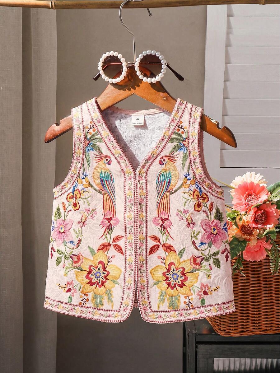 SHEIN X Scheana 少女度假風櫻桃粉夏季花卉刺繡提花上衣,波希米亞風V領寬鬆休閒上衣,適合姐妹搭配家庭度假 - 彩色 - 查看 1