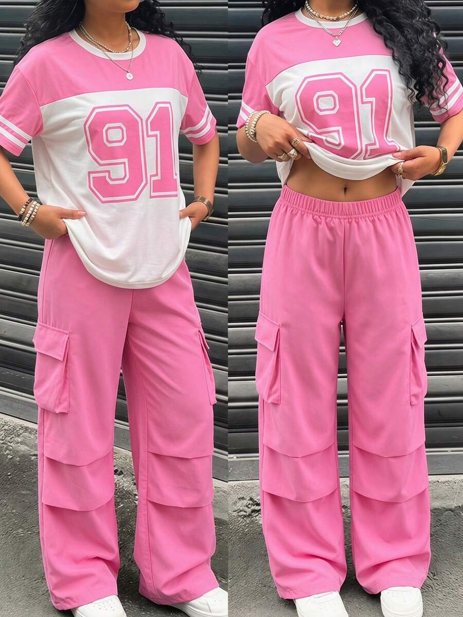 SHEIN Set de 2 piezas de camiseta y pantalón cargo informal para niñas preadolescentes, camiseta de manga corta con cuello redondo y bordado de lazo, y pantalones, conjunto de moda para primavera/verano - Rosa - Ver 1