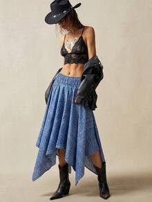 Bohemela Chân váy denim nữ kiểu retro thường ngày, in họa tiết toàn thân, vạt bất đối xứng, cạp chun. - Rửa nhẹ - Xem 5