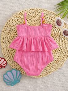 SHEIN Baby Girl One-Piece Swimsuit,Holiday Cute Polyester Swimwear For Young Girls,Fashionable Colorful Ruffle Bathing Suit With Seashell Trim Monokini - Hot Pink - View 2