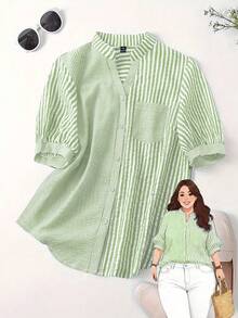 Linhara Plus Size Women's Colorblock Striped Print Patchwork Full Button Front Pocket Casual Short Sleeve Shirt - Green - View 1