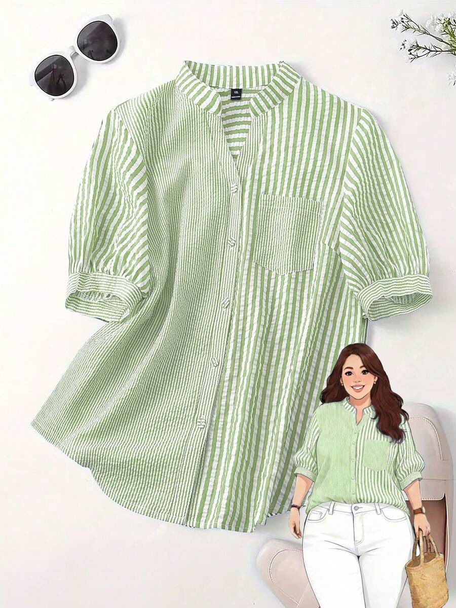 Linhara Plus Size Women's Colorblock Striped Print Patchwork Full Button Front Pocket Casual Short Sleeve Shirt - Green - View 1