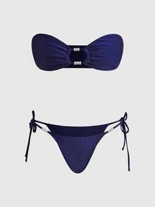 ROMWE Avant 2 pezzi Set da spiaggia di moda da donna, colore unito, top corto senza spalline e pantaloni con lacci laterali, decorazione con perle, elegante per San Valentino, festa in spiaggia, vacanza estiva, bikini sexy con schiena scoperta - Blu Navy - Visualizzare 1