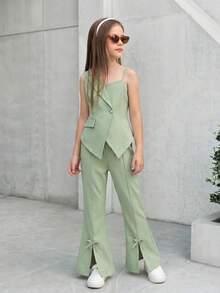 Elladie kids 2pcs/Set Tween Girls Sage Green Elegant Tea Party Outfit,Summer Asymmetric Strap Top & Jacket,Asymmetrical Hem Blouse & Flared Leg Pants With Bow Decor - Green - View 5