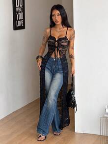 Coolane 女士夏季音乐节街头风 Y2K 度假休闲装扮 西式蕾丝弹力吊带无袖长款薄纱罩衫 - 黑色 - 查看 4