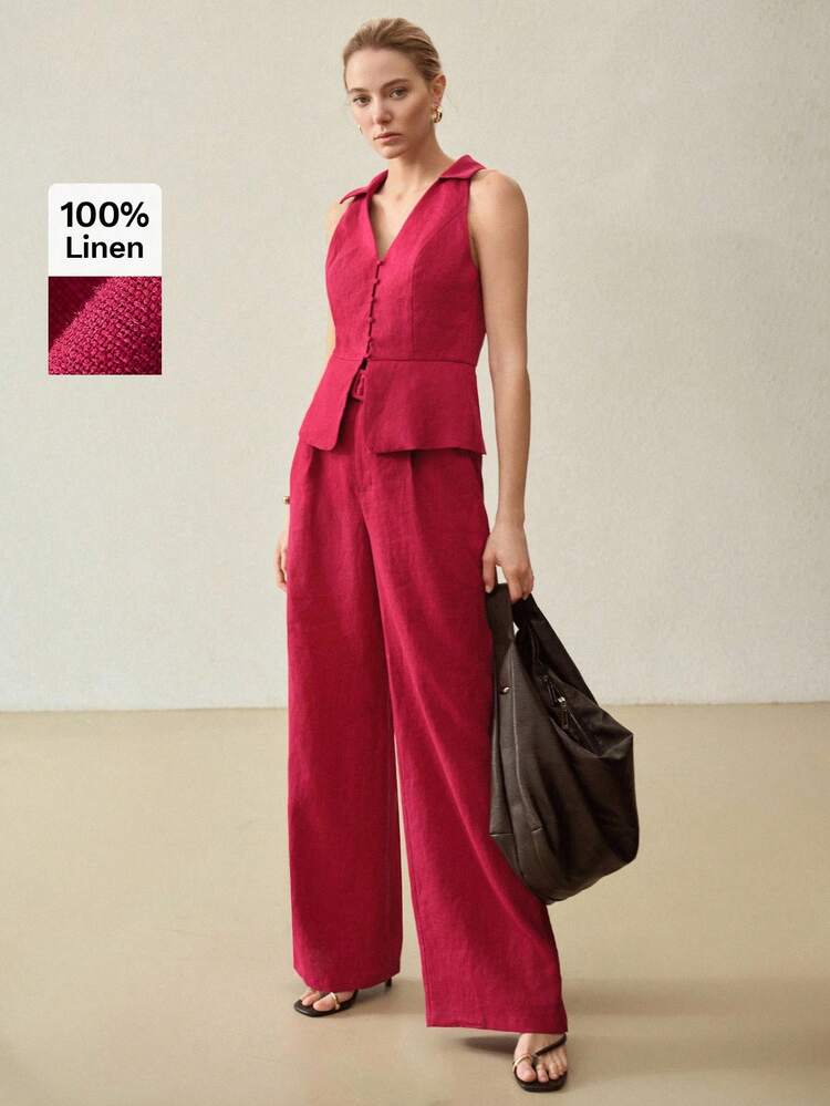 WOMEN'S 100% LINEN STRAIGHT LEG SUIT PANTS WITH LACE TRIM, SUMMER VACATION