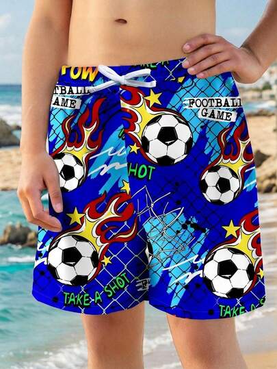Tween Boys Casual Loose Fit Printed Beach Shorts, Suitable For Summer, Beach, Outdoor, Swimming