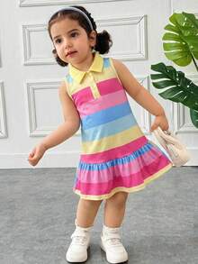 Young Girl Casual & Home Cute Rainbow Striped Button Front Sleeveless Ruffle Hem A-Line Polo Dress - Multicolor - View 3