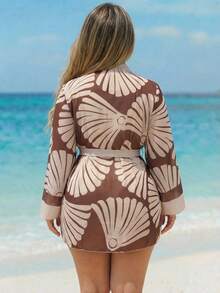 Swim Lushoire Plus Size Women Belted Printed Casual Vacation Beach Cardigan Jacket - Brown - View 2