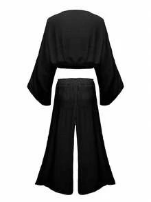 Swim Lushoire Plus Size Loose Kimono Cover Up Set, Vacation Style - Black - View 5