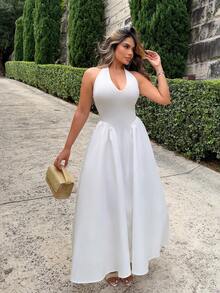 Maria Perezxox 优雅 V 领挂脖长裙，白色，度假风格 - 白色 - 查看 3