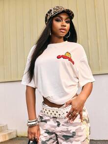 GARFIELD | SHEIN Women's Casual Streetwear Y2k Loose Fit Round Neck Drop Shoulder T-Shirt, Back-To-School School Beige Summer - White - View 7