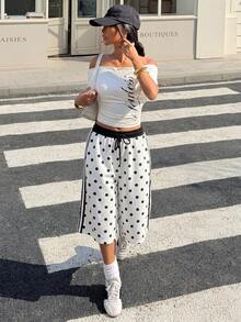 Muchica 女士抽绳腰带波点印花口袋宽松百慕大短裤 - 黑與白 - 查看 5