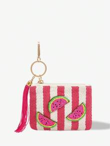 Viva Strut 1pc Fashionable, Simple, Personalized And Fun, Spring And Summer Vacation Wind, Rose Red Striped Handmade Fruit, Watermelon Beads, Fringed Keychain, Change Bag, Spring And Summer Vacation Beach Seaside, Best Gift Giving - Rose red and white - View 3