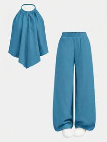 SHEIN 2pcs/Set Teen Girls Loose Halter Neck Tank Top + Long Pants Suit,Summer,Vacation,Holiday Fashionable Casual Versatile Outfit For Party,Sister Photo - Blue - View 12