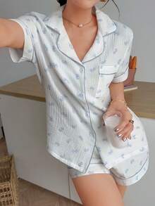 Napfluff 100%纯棉女士睡衣套装，短袖短裤，双层绉纱面料，宽松家居服两件套 - 藍白色 - 查看 9