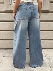 Dazy Plus Plus Size Women's Casual Elegant Gradient Rhinestone Design Loose Straight Leg Jeans, Suitable For All Seasons - Light Wash - View 11