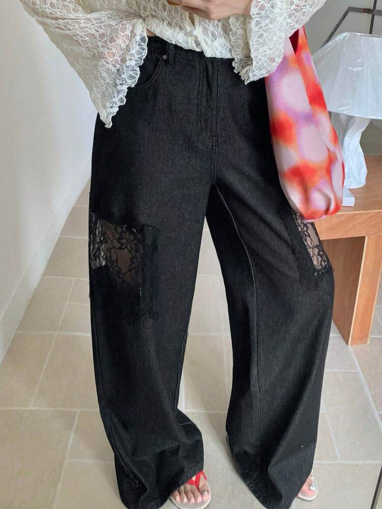 Dazy Plus Plus Size Women Casual Black Jeans With Sheer Lace Patchwork Design, Straight Leg, Suitable For All Seasons