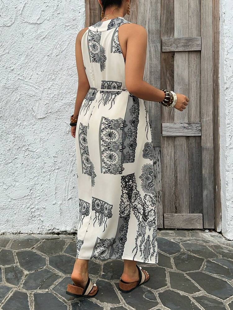 Dazy Plus V-Neck Sleeveless Belted Waist Floral Print Maxi Dress, Elegant Resort Style, Plus Size For Spring/Summer