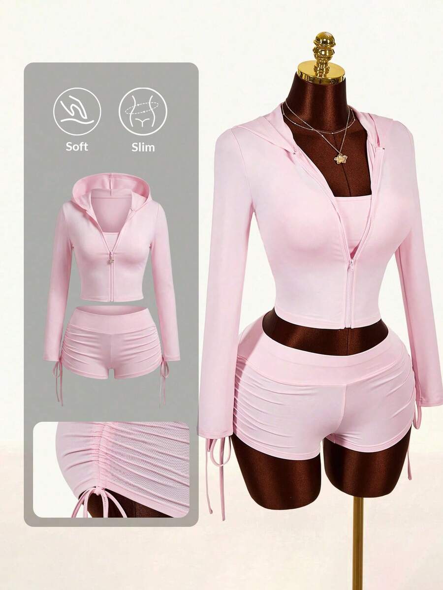 2026 New Basic 3 Pieces Set, Sporty Outerwear, Casual Waist-Cinched Women Outfit - Pink - View 1