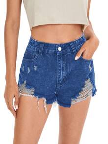 SHEIN Holidaya Shorts vaqueros de talle alto versátiles y desgastados, para el verano - Azul - Ver 6