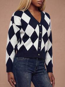 Modviera Autumn/Winter Rhombus Knit Cardigan For Women, Loose V-Neck Retro College Style Sweater Wide Pants Oversized Pants Women Streetwear Japanese Fashion Bell Bottoms  Front Button Fashionable Colorful Striped Cable Knit Cardigan - Blue and White - View 6
