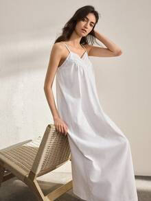 Ocili Camisón de mujer con diseño de encaje calado y bordado floral de algodón, vestido de ropa de dormir para damas - Azul - Ver 6