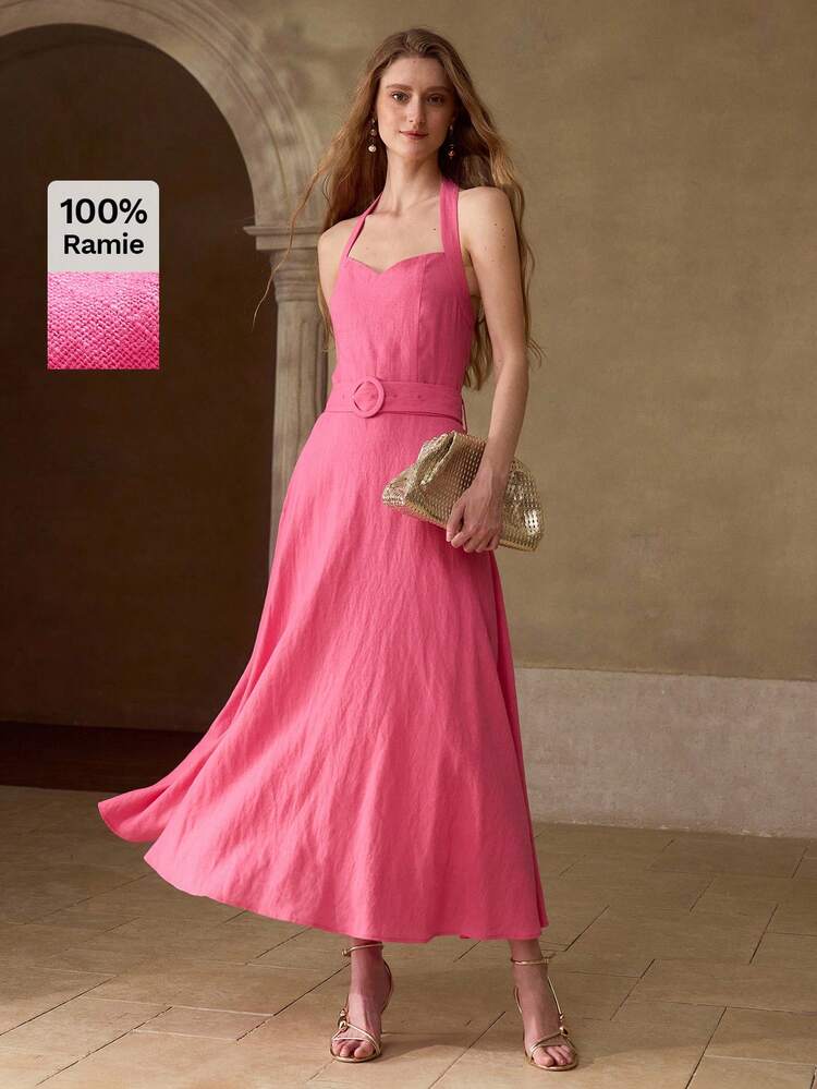 WOMEN'S CASUAL & DATE LINEN HALTER MIDI DRESS, SPRING/SUMMER