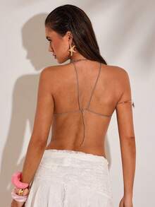 SHEIN BAE 女士度假串珠露背性感上衣 - 杏色 - 查看 2