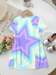 SHEIN 女童圆领卡通字母印花休闲简约连衣裙，适合春夏日常穿着、外出和度假。 - 彩色 - 查看 2