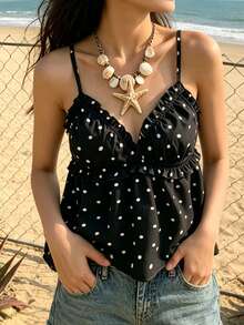 Jouncy Áo camisole nữ chấm bi xếp ly, kiểu dáng thường ngày, đa năng, thích hợp cho hẹn hò và đi chơi. - màu đen - Xem 5