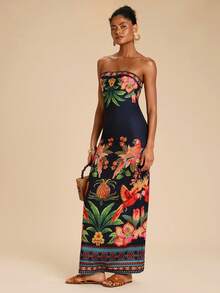 Travachic Women's Tropical Print Strapless Dress, Summer Vacation - Black - View 4