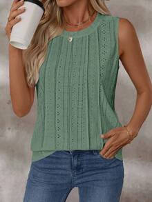 Áo tank top nữ cổ tròn không tay, chất liệu vải dệt họa tiết, thích hợp mặc mùa xuân/hè. - Màu xanh Ô liu - Xem 1