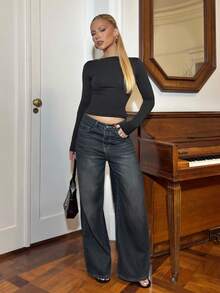 BiaLiraa 女士直筒牛仔裤 Y2k - 深色水洗藍 - 查看 5