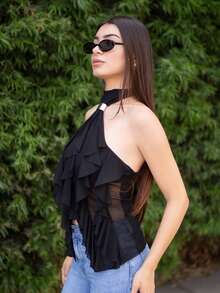 Andrea Bello 女士优雅多层荷叶边立领修身背心 - 黑色 - 查看 4