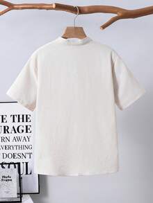 SHEIN 儿童/青少年男童纯色单排扣短袖休闲纹理衬衫，舒适休闲学院风，百搭，柔软透气，适合日常穿着、上学、旅行、夏季海滩度假等场合。黑色衬衫，黑色短袖衬衫，黑色纽扣衬衫。 - 白色 - 查看 2