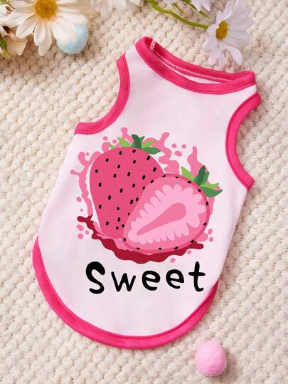 PETSIN 1pc Strawberry Letter Printed Pet Vest In Rose Red With Pink Accents, Featuring A Gentle And Breathable Casual Style, And Anti Shedding Pet Clothing