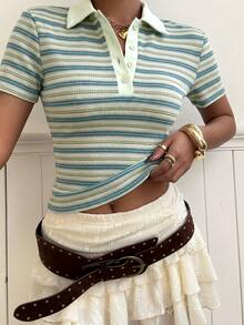 Muchica 女款夏季新款藍色條紋POLO領修身短袖T恤，適合女性遊艇巡航、商務休閒、航海風，上衣、校園穿搭、夏季上衣 - 彩色 - 查看 5