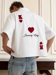 Manfinity Unisex Camisa casual de manga corta con bordado de letra para hombres, de solapa sencilla - Blanco - Ver 4