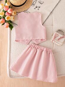 SHEIN Elladie kids 小女孩甜美粉色无袖珍珠纽扣背心+蝴蝶结百褶裙两件套，优雅休闲夏季套装 - 粉色 - 查看 6